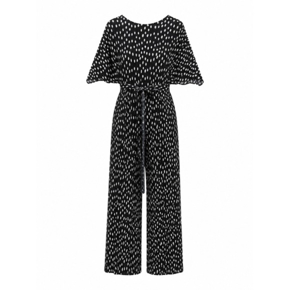 ASOS DESIGN Black White Polka Dot Plisse Jumpsuit Wide Leg V-Neck Size US 8